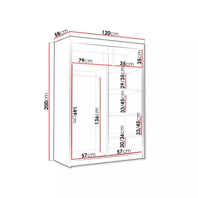 Úzká šatní skříň 120 cm se zrcadlem STOWEL - bílá