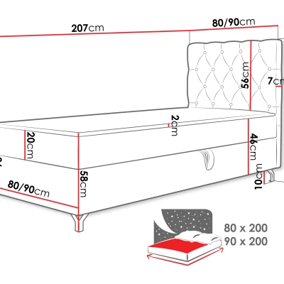 Kontinentální jednolůžková postel 90x200 JILES - černá, pravé provedení + topper ZDARMA