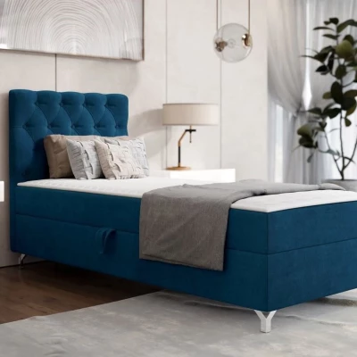 Kontinentální jednolůžková postel 90x200 JILES - modrá, levé provedení + topper ZDARMA