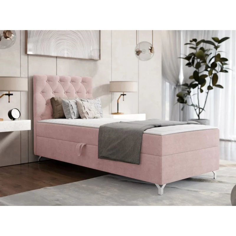 Kontinentální jednolůžková postel 90x200 JILES - pastelová růžová, levé provedení + topper ZDARMA