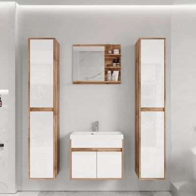 Koupelnová sestava se zrcadlem DENISON XL - dub wotan / lesklá bílá