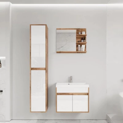 Koupelnová sestava se zrcadlem DENISON - dub wotan / lesklá bílá