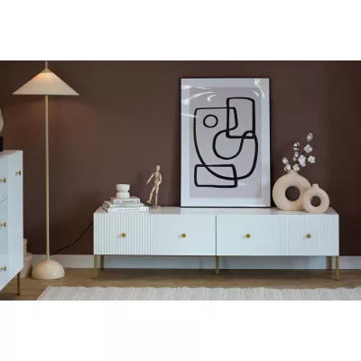 Široký televizní stolek HASKEL - bílý + zlatý