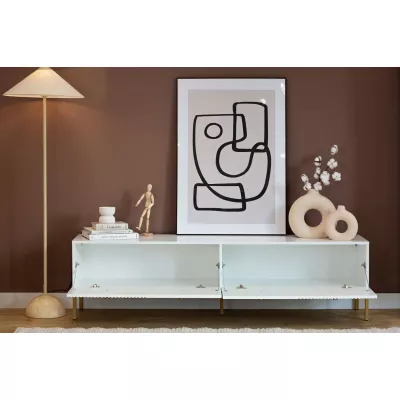 Široký televizní stolek HASKEL - bílý + zlatý