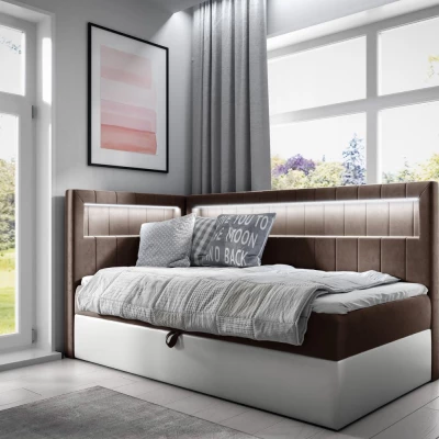 Jednolůžková postel 80x200 KISHA 3 - hnědá / bílá, otevírání z pravé strany + topper ZDARMA