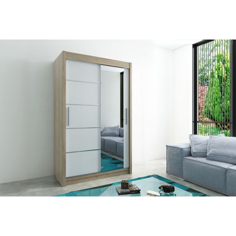 Levné Šatní skříně: Moderní šatní skříň s posuvnými dveřmi a zrcadlem Adéla 150 v barvě dub sonoma-bílá