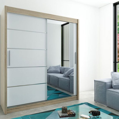 Levné Šatní skříně: Prostorná skříň se zrcadlem Adéla 180 v barvě dub sonoma-bílá