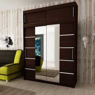 Levné Šatní skříně: Velká šatní skříň s posuvnými dveřmi a zrcadly Vivien 200 v barvě bílá-wenge