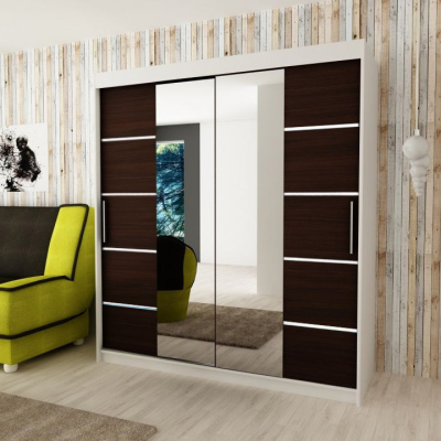 Levné Šatní skříně: Velká šatní skříň s posuvnými dveřmi a zrcadly Vivien 200 v barvě bílá-wenge