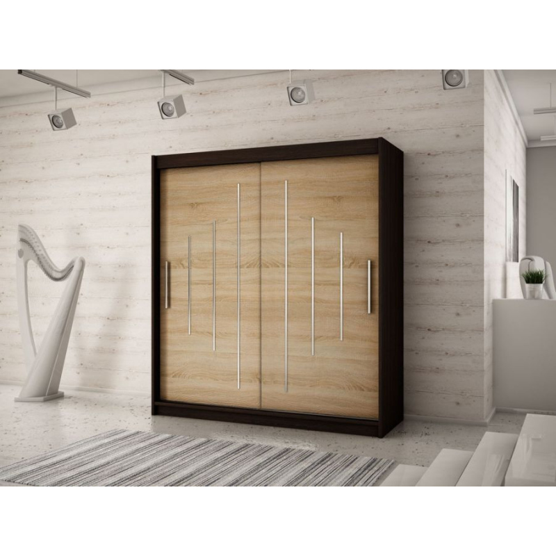 Levné Šatní skříně: Moderní šatní skříň s posuvnými dveřmi Ema 180 v barvě wenge-dub sonoma