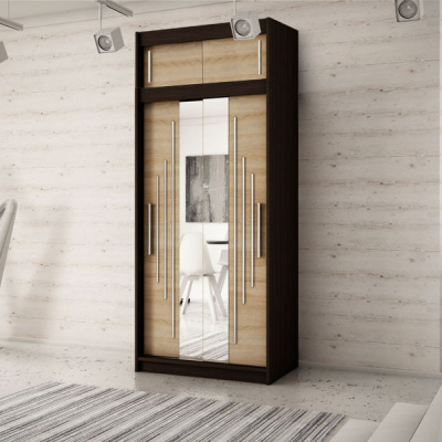 Levné Šatní skříně: Šatní skříň Vivi se zrcadlem a posuvnými dveřmi 100 v barvě dub sonoma-wenge