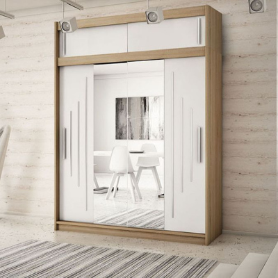 Levné Šatní skříně: Prostorná skříň s posuvnými dveřmi a zrcadlem Ewelina 180 v barvě dub sonoma-wenge
