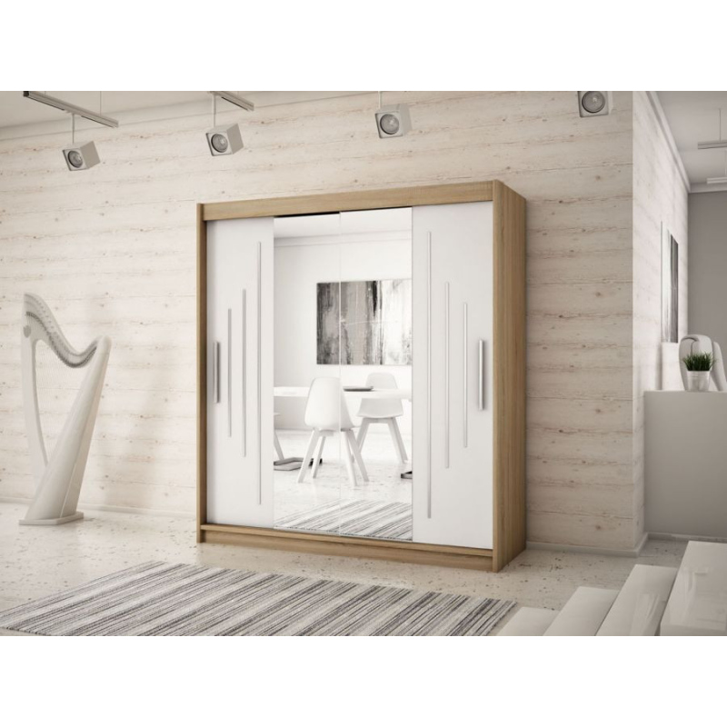 Levné Šatní skříně: Elegantní šatní skříň se zrcadlem Sofia 200 v barvě dub sonoma-bílá