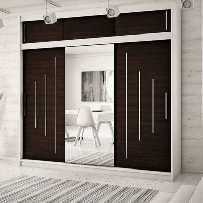 Levné Šatní skříně: Velká šatní skříň s posuvnými dveřmi a zrcadlem Anna 250 v barvě bílá-wenge