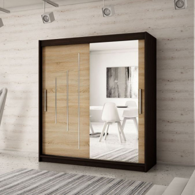 Levné Šatní skříně: Prostorná skříň s posuvnými dveřmi a zrcadly Lisa 180 v barvě wenge-dub sonoma