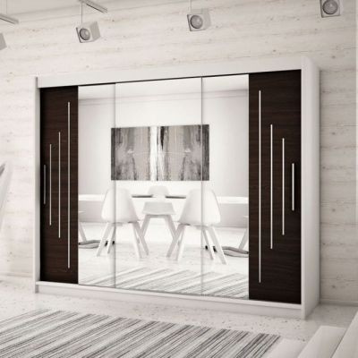 Levné Šatní skříně: Velká šatní skříň s posuvnými zrcadlovými dveřmi Patricie 250 v barvě bílá-wenge