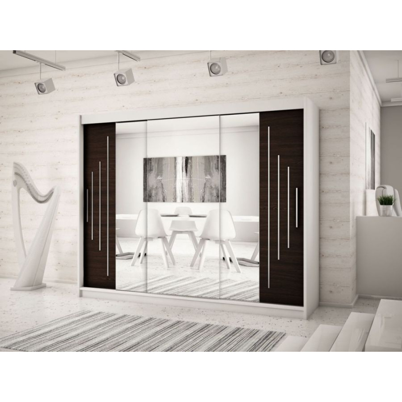 Levné Šatní skříně: Velká šatní skříň s posuvnými zrcadlovými dveřmi Patricie 250 v barvě bílá-wenge