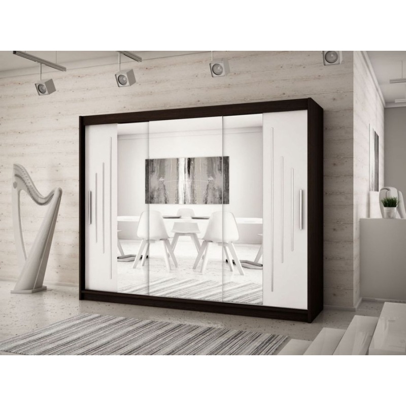 Levné Šatní skříně: Velká šatní skříň s posuvnými zrcadlovými dveřmi Patricie 250 v barvě wenge-bílá