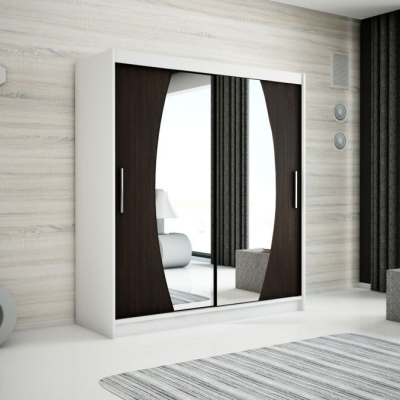 Levné Šatní skříně: Krásná šatní skříň s posuvnými dveřmi a oválnými zrcadly Nikola 150 v barvě bílá-wenge