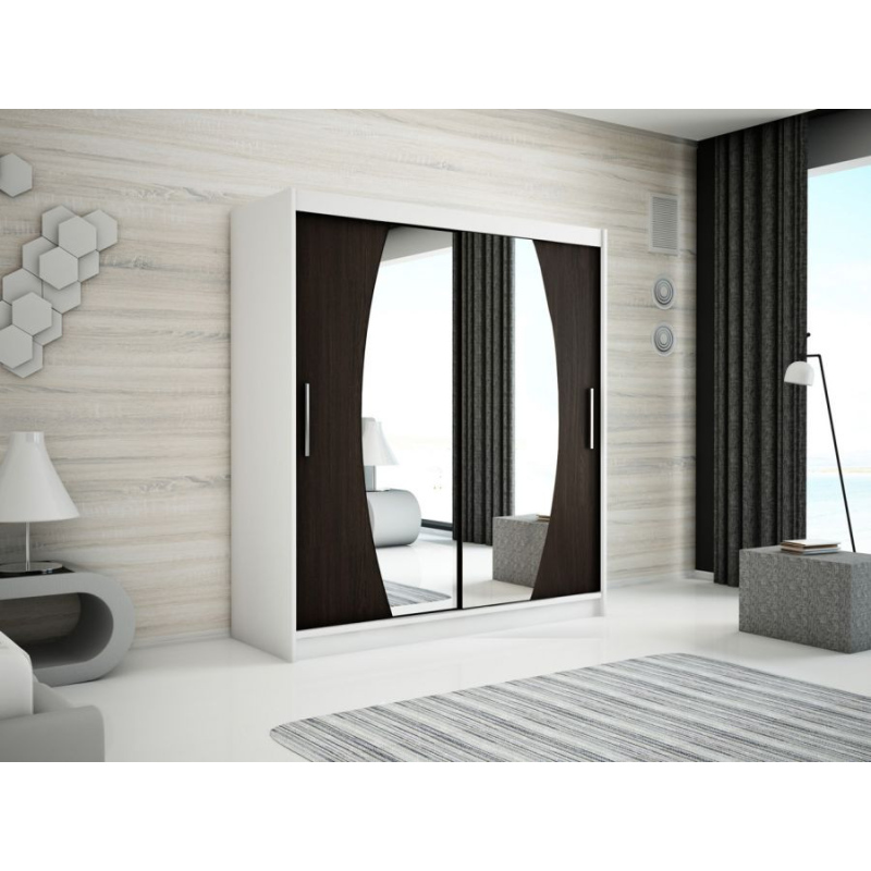 Levné Šatní skříně: Krásná šatní skříň s posuvnými dveřmi a oválnými zrcadly Nikola 150 v barvě bílá-wenge