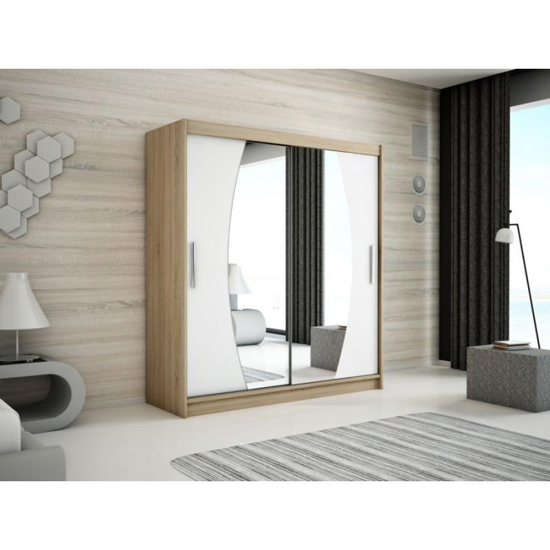 Levné Šatní skříně: Krásná šatní skříň s posuvnými dveřmi a oválnými zrcadly Nikola 150 v barvě dub sonoma-bílá