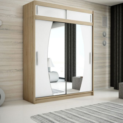Levné Šatní skříně: Krásná šatní skříň s posuvnými dveřmi a oválnými zrcadly Nikola 150 v barvě dub sonoma-bílá