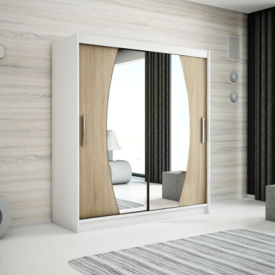 Levné Šatní skříně: Prostorná skříň s posuvnými dveřmi a oválnými zrcadly Dita 180 v barvě bílá - dub sonoma