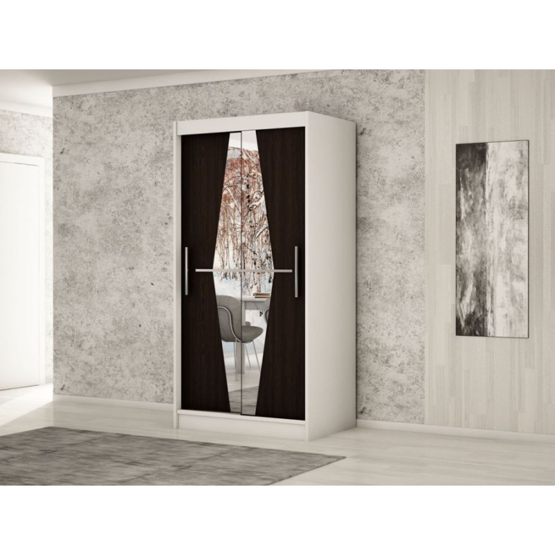 Levné Šatní skříně: Šatní skříň s posuvnými dveřmi a zrcadly Rebeka 100 v barvě bílá-wenge