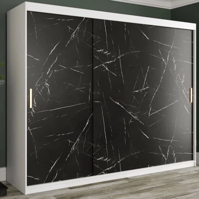 Moderní velká šatní skříň 250 cm se šuplíky CARSON 2 - černý mramor / bílá / zlatá