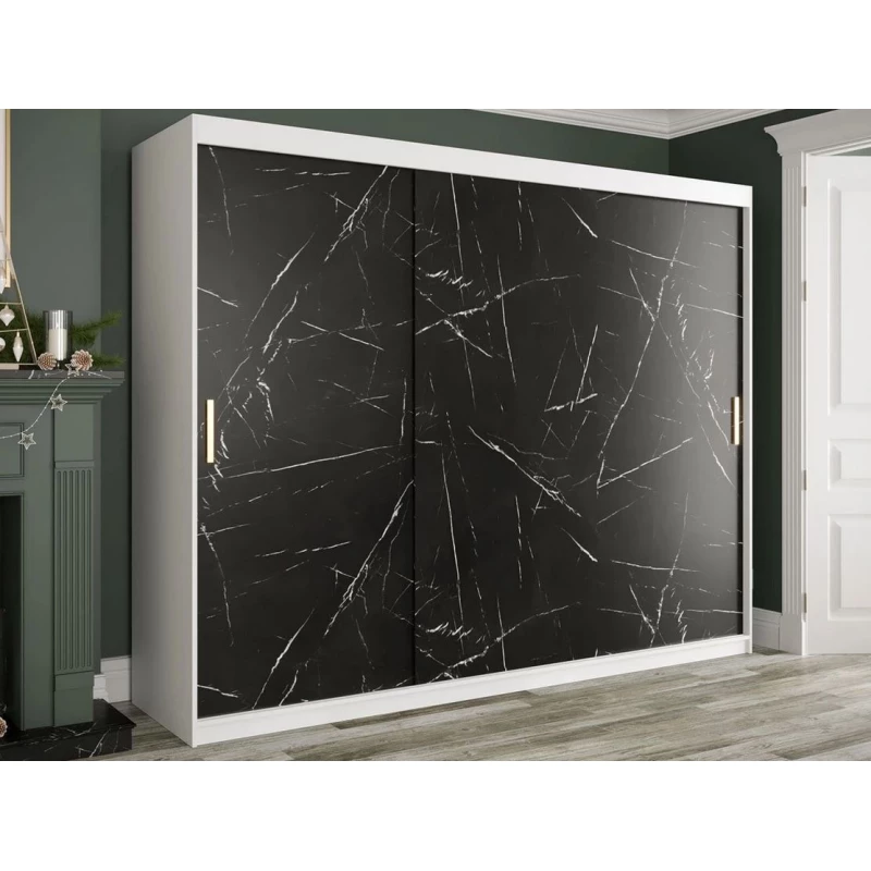 Moderní velká šatní skříň 250 cm se šuplíky CARSON 2 - černý mramor / bílá / zlatá