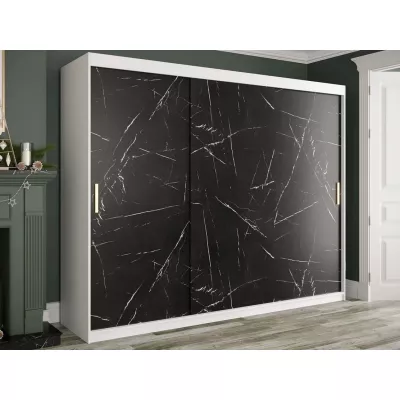 Moderní velká šatní skříň 250 cm se šuplíky CARSON 2 - černý mramor / bílá / zlatá