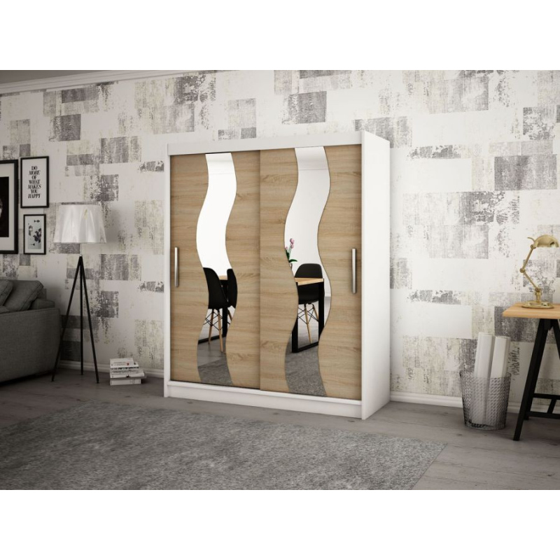 Levné Šatní skříně: Elegantní šatní skříň s ozdobnými zrcadly na posuvných dveřích Jesika 200 v barvě bílá - dub sonoma