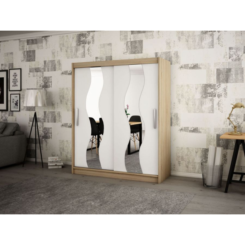 Levné Šatní skříně: Elegantní šatní skříň s ozdobnými zrcadly na posuvných dveřích Jesika 200 v barvě dub sonoma-bílá