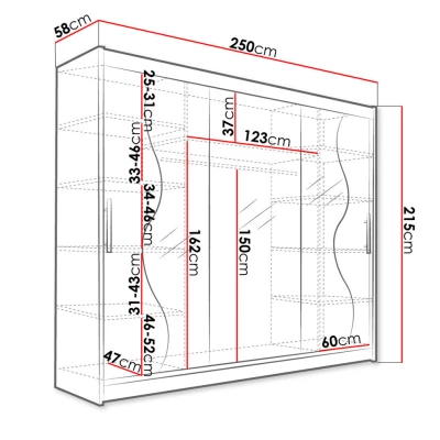 Vysoká šatní skříň se zrcadlem 250 cm HORTENSIA 3 - dub sonoma