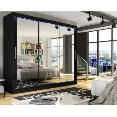 Vysoká šatní skříň se zrcadlem 250 cm HORTENSIA 3 - černá + RGB osvětlení ZDARMA