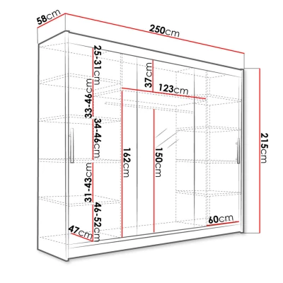 Velká šatní skříň se zrcadlem 250 cm HORTENSIA 1 - hnědá + RGB osvětlení ZDARMA