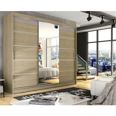 Velká šatní skříň se zrcadlem 250 cm HORTENSIA 4 - dub sonoma + RGB osvětlení ZDARMA