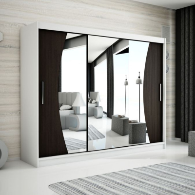 Levné Šatní skříně: Velká šatní skříň s posuvnými dveřmi a zrcadly Simona 250 v barvě bílá-wenge