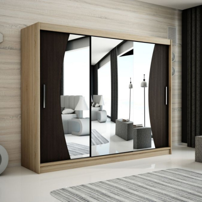 Levné Šatní skříně: Velká šatní skříň s posuvnými dveřmi a zrcadly Simona 250 v barvě dub sonoma-wenge