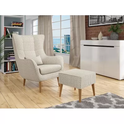 Designové křeslo ušák s taburetkou LEVI - špinavé bílé