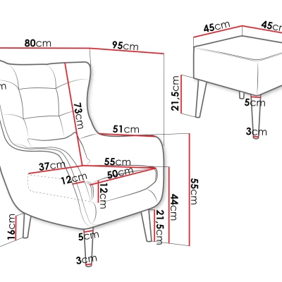 Designové křeslo ušák s taburetkou LEVI - šedé