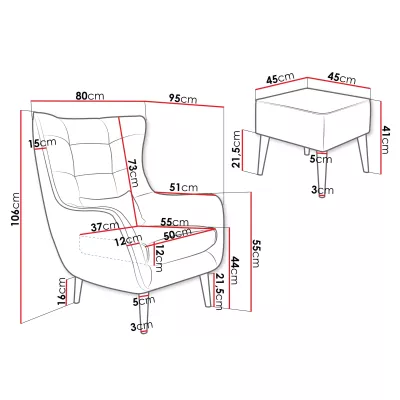 Designové křeslo ušák s taburetkou LEVI - špinavé bílé