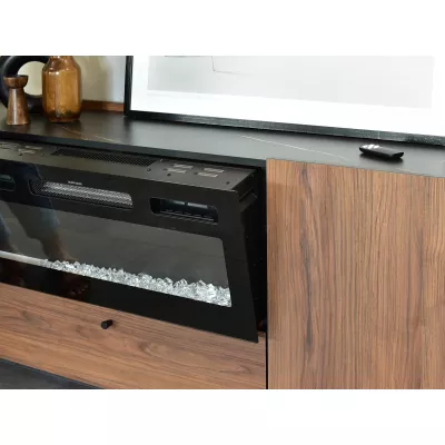 Komoda s elektrickým krbem NORLAN - černá / ořech / černý mramor