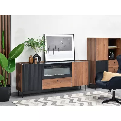 Komoda s elektrickým krbem NORLAN - černá / ořech / černý mramor