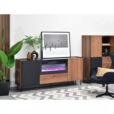 Komoda s elektrickým krbem NORLAN - černá / ořech / černý mramor