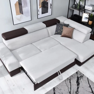 Rohová sedací souprava MAUDY na každodenní spaní - šedá / hnědá