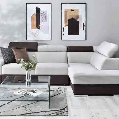 Rohová sedací souprava MAUDY na každodenní spaní - šedá / hnědá