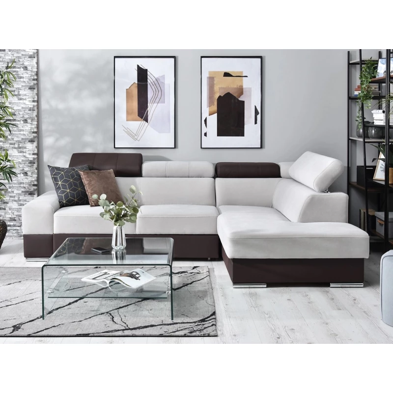 Rohová sedací souprava MAUDY na každodenní spaní - šedá / hnědá