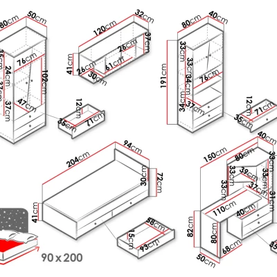 Studentský nábytek s postelí 90x200 CHIMA 2 - dub artisan / bílý / šedý
