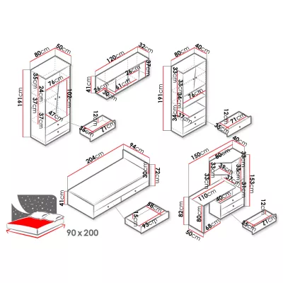 Studentský nábytek s postelí 90x200 CHIMA 2 - dub artisan / bílý / šedý